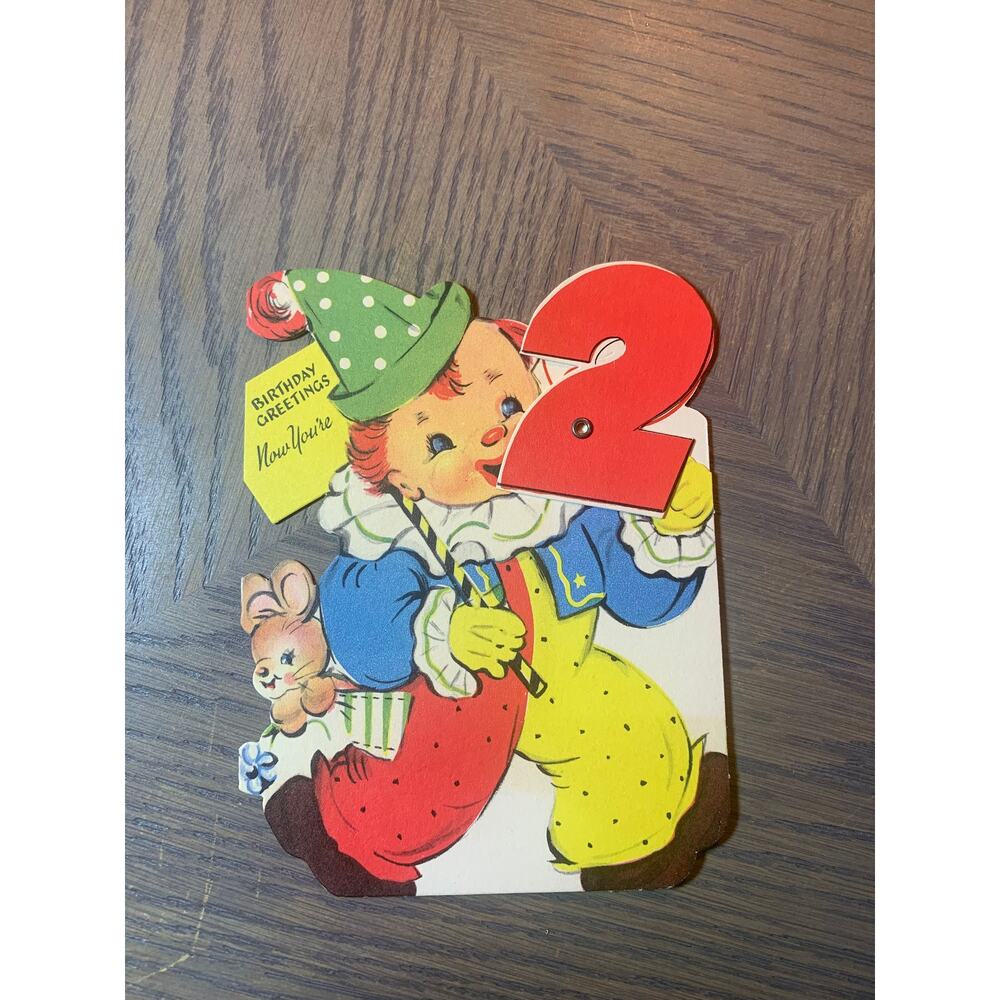 Birthday Greetings, 2-Year-Old, Funny Clown, 1950s Vintage Greeting Card,